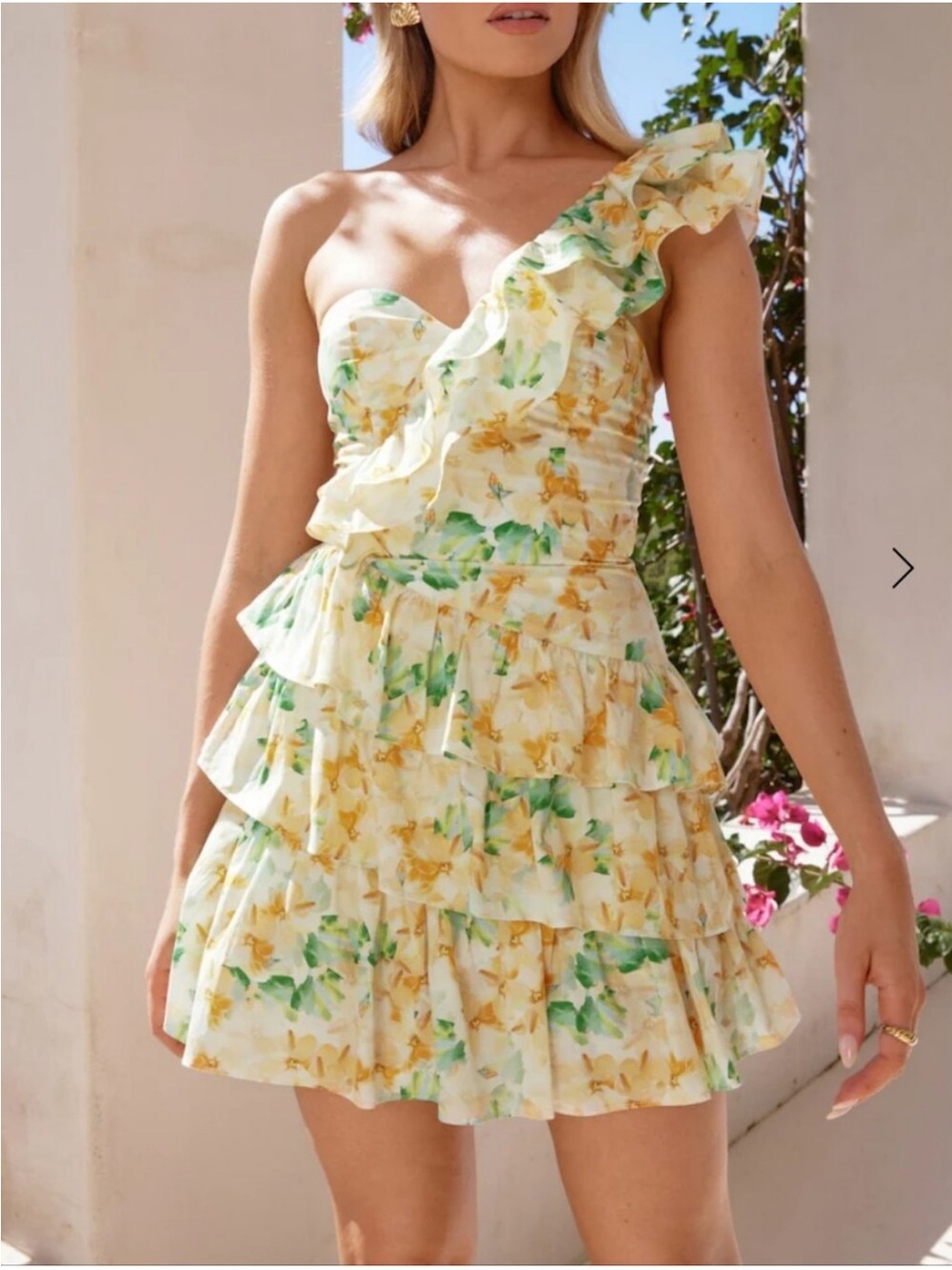 Hello Molly One-Shoulder Cream Yellow Green Floral Ruffle Mini Dress
